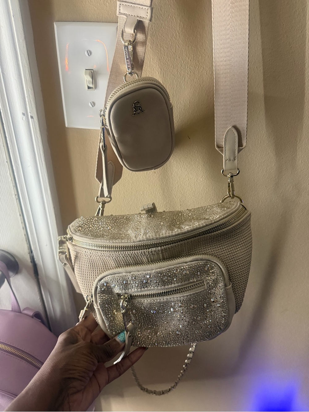 Steve Madden Cream Sparkle Crossbody Belt Bag with Removable Pouch